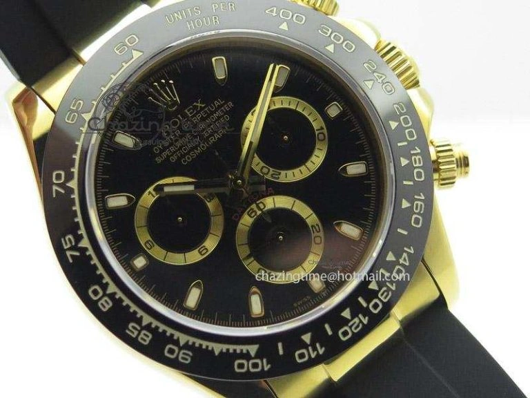 Daytona YG Bp Maker Black Dial Gold Ring Sticks Markers On Rubber Strap A7750@6