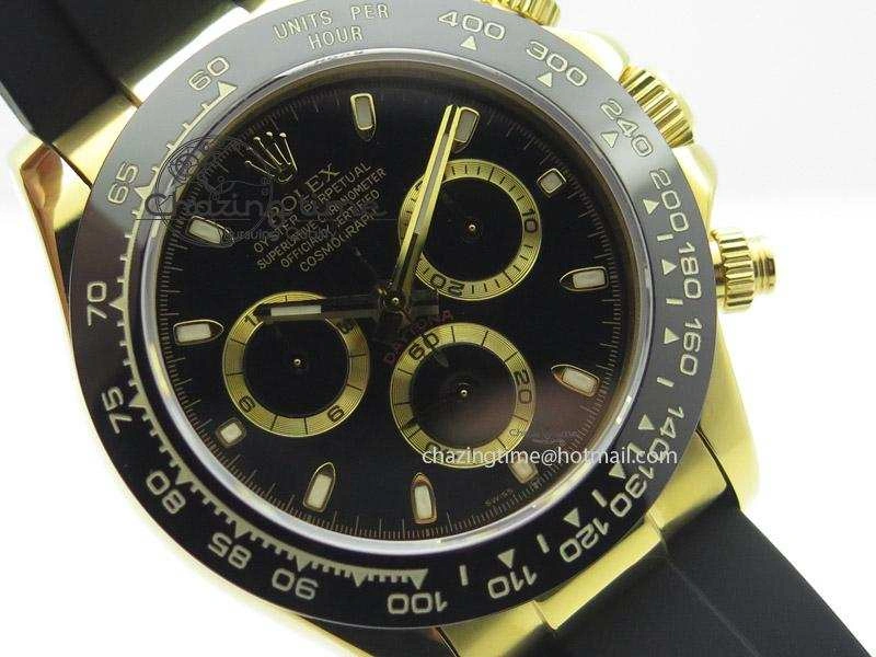 Daytona YG Bp Maker Black Dial Gold Ring Sticks Markers On Rubber Strap A7750@6