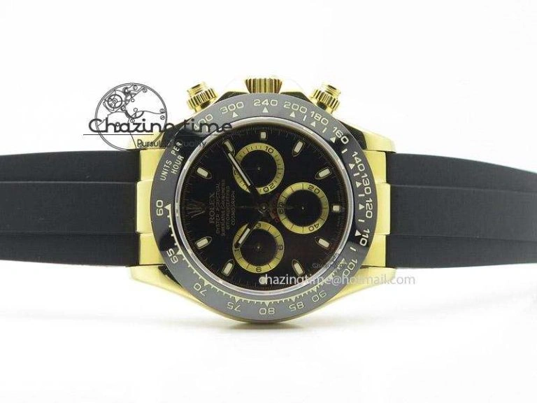 Daytona YG Bp Maker Black Dial Gold Ring Sticks Markers On Rubber Strap A7750@6