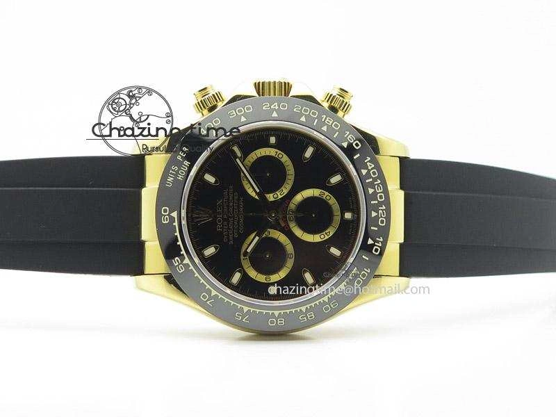 Daytona YG Bp Maker Black Dial Gold Ring Sticks Markers On Rubber Strap A7750@6