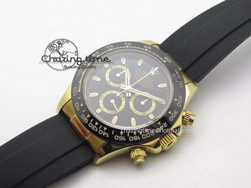 Daytona YG Bp Maker Black Dial Gold Ring Sticks Markers On Rubber Strap A7750@6