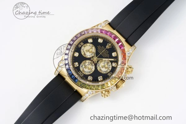 Daytona YG Rainbow Diamonds Bezel JVSF 1:1 Best Edition 904L Steel White Panda Dial on Oysterflex Strap A7750