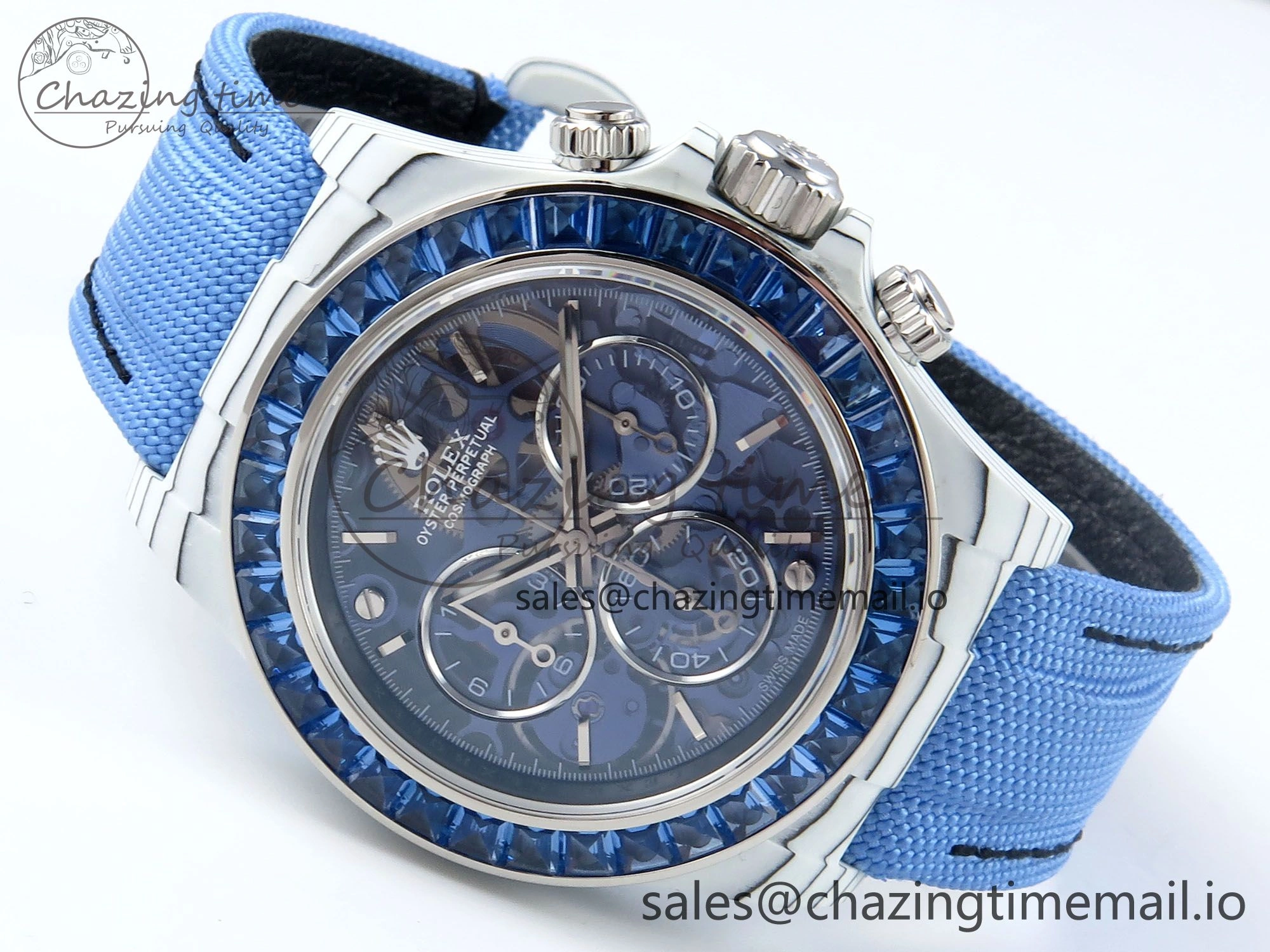 Daytona ZIF REMOULD White Carbon GETF Best Edition Blue Skeleton Dial Blue Diamonds Bezel on Blue Nylon Strap DD4802