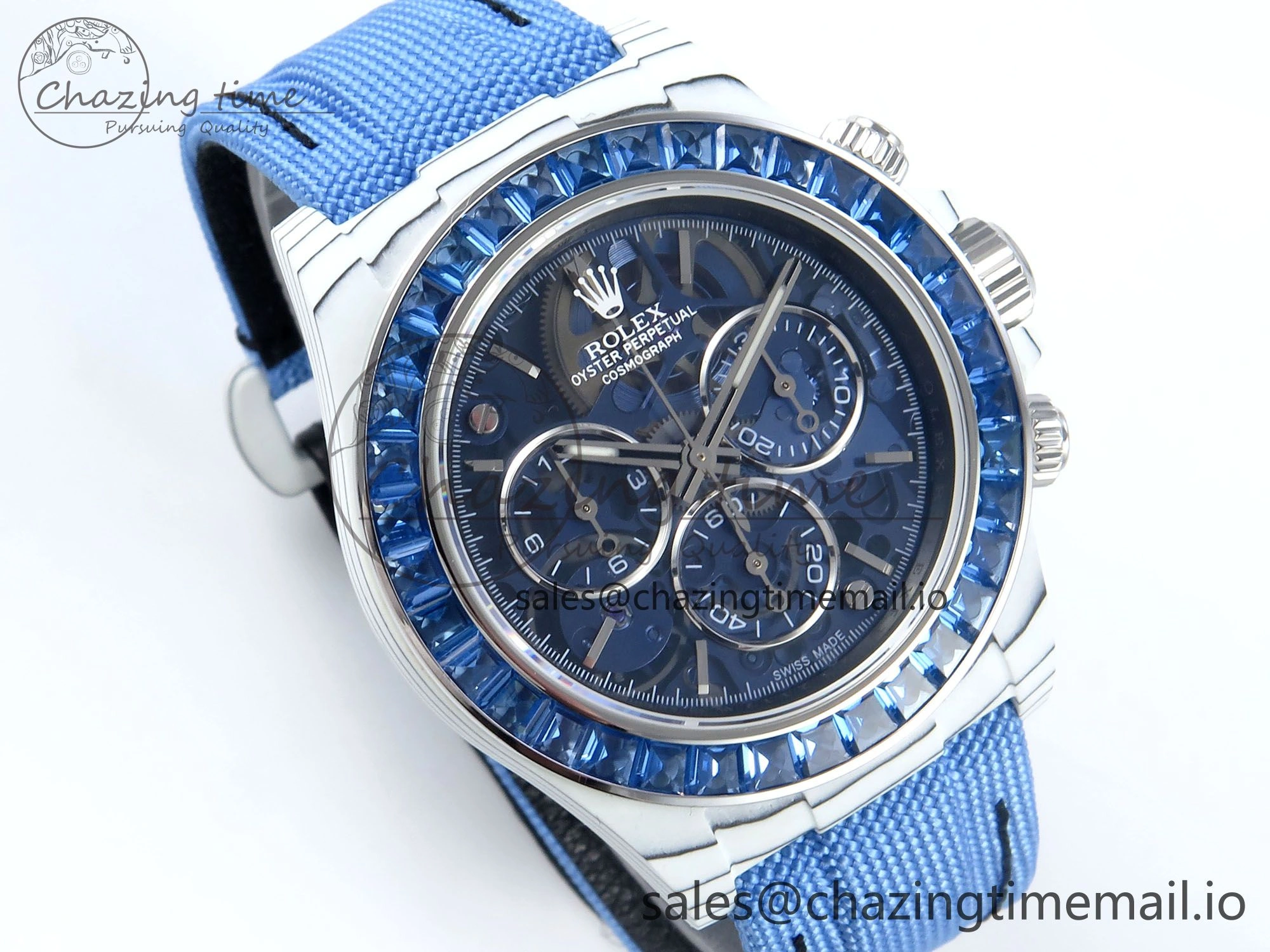 Daytona ZIF REMOULD White Carbon GETF Best Edition Blue Skeleton Dial Blue Diamonds Bezel on Blue Nylon Strap DD4802