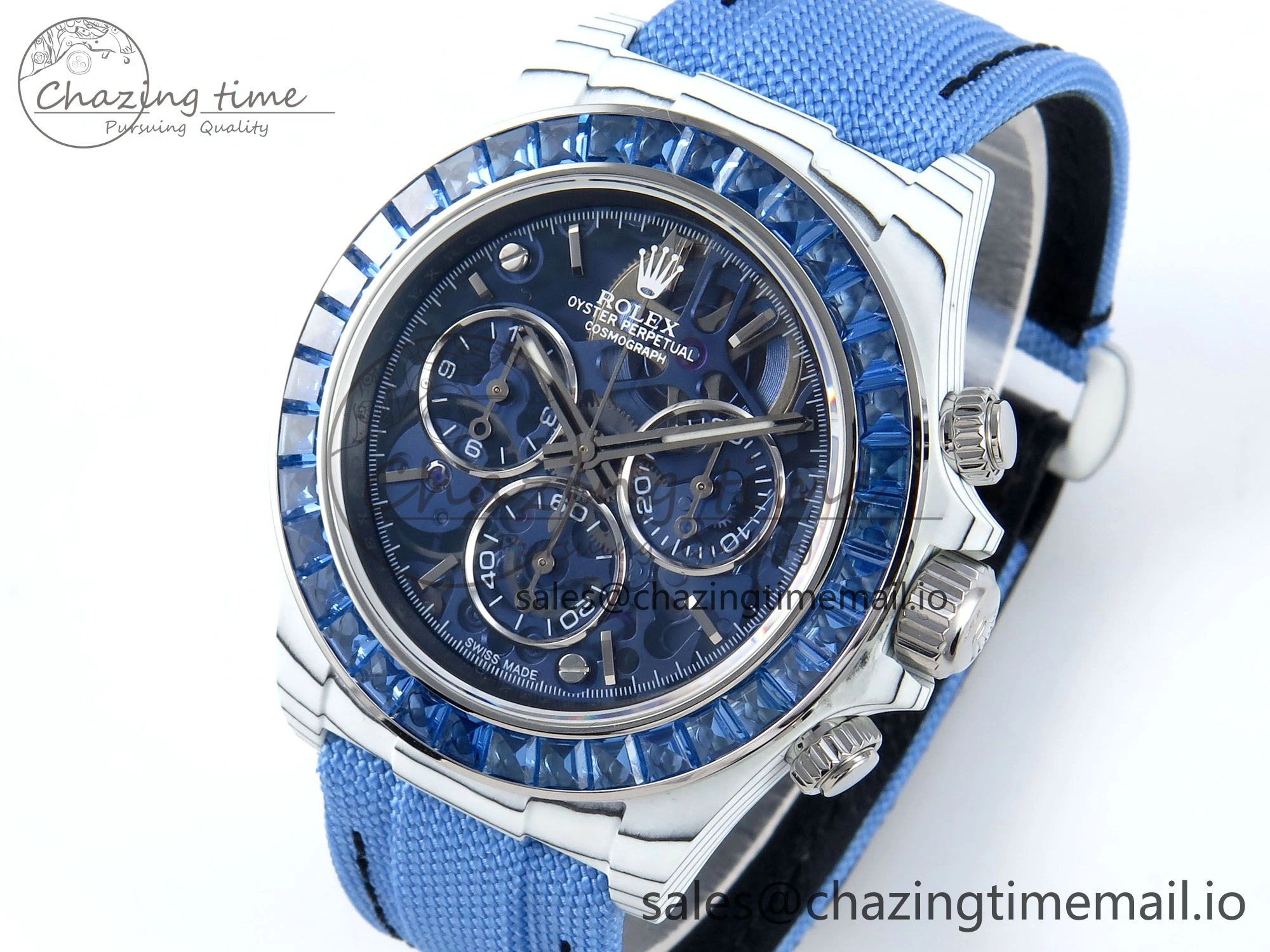 Daytona ZIF REMOULD White Carbon GETF Best Edition Blue Skeleton Dial Blue Diamonds Bezel on Blue Nylon Strap DD4802