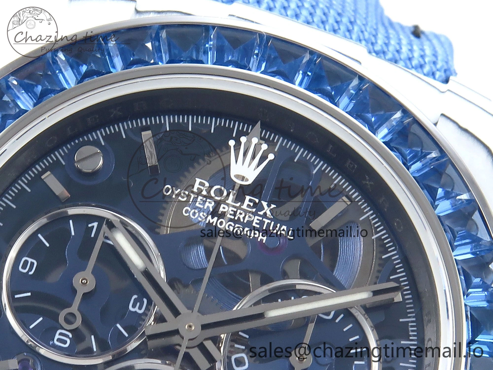 Daytona ZIF REMOULD White Carbon GETF Best Edition Blue Skeleton Dial Blue Diamonds Bezel on Blue Nylon Strap DD4802