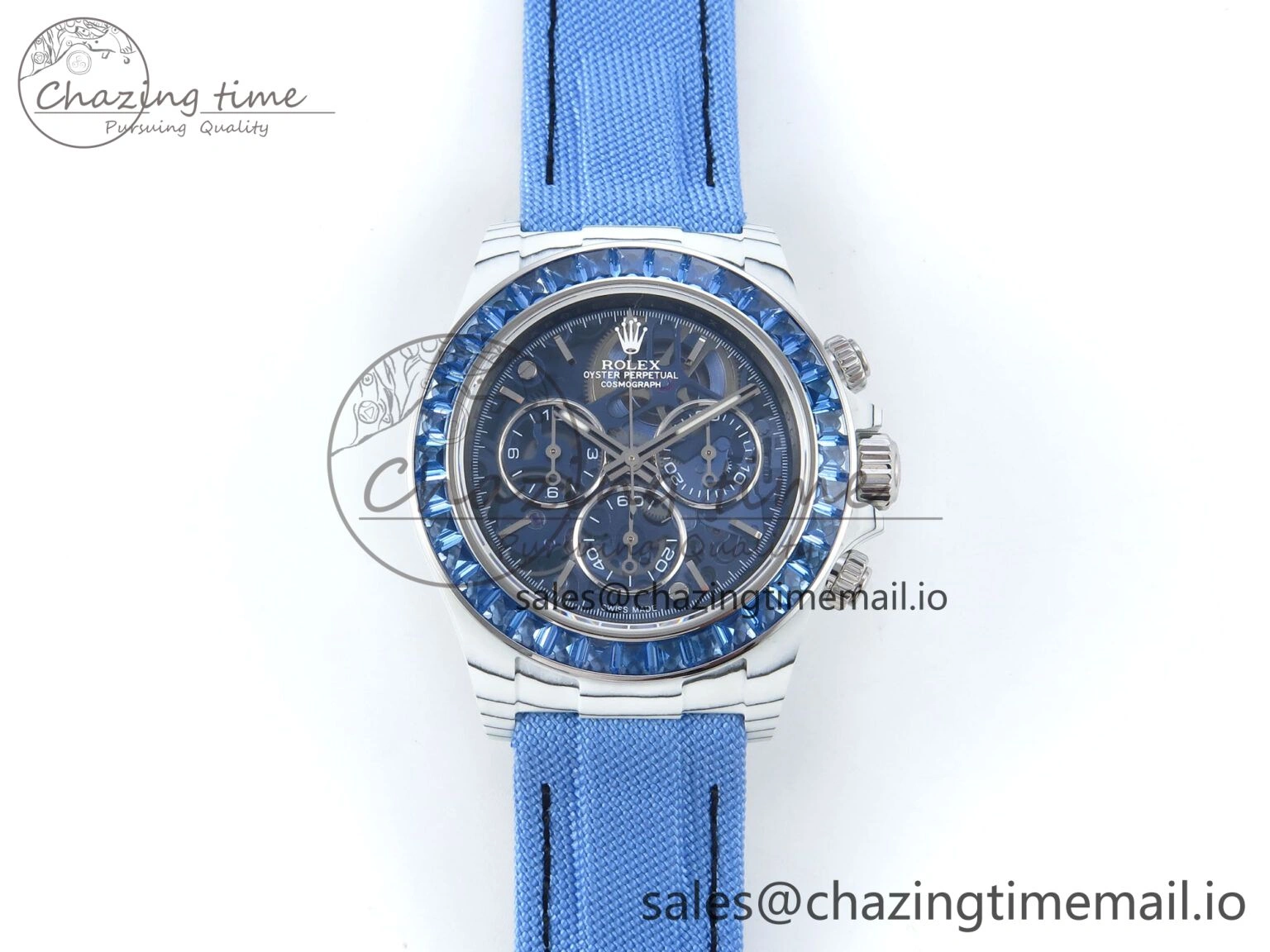 Daytona ZIF REMOULD White Carbon GETF Best Edition Blue Skeleton Dial Blue Diamonds Bezel on Blue Nylon Strap DD4802
