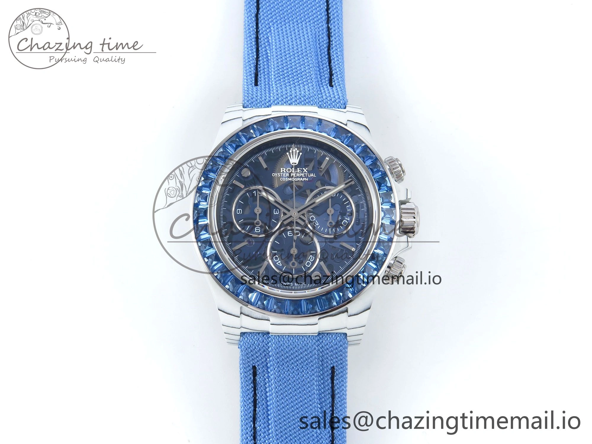Daytona ZIF REMOULD White Carbon GETF Best Edition Blue Skeleton Dial Blue Diamonds Bezel on Blue Nylon Strap DD4802