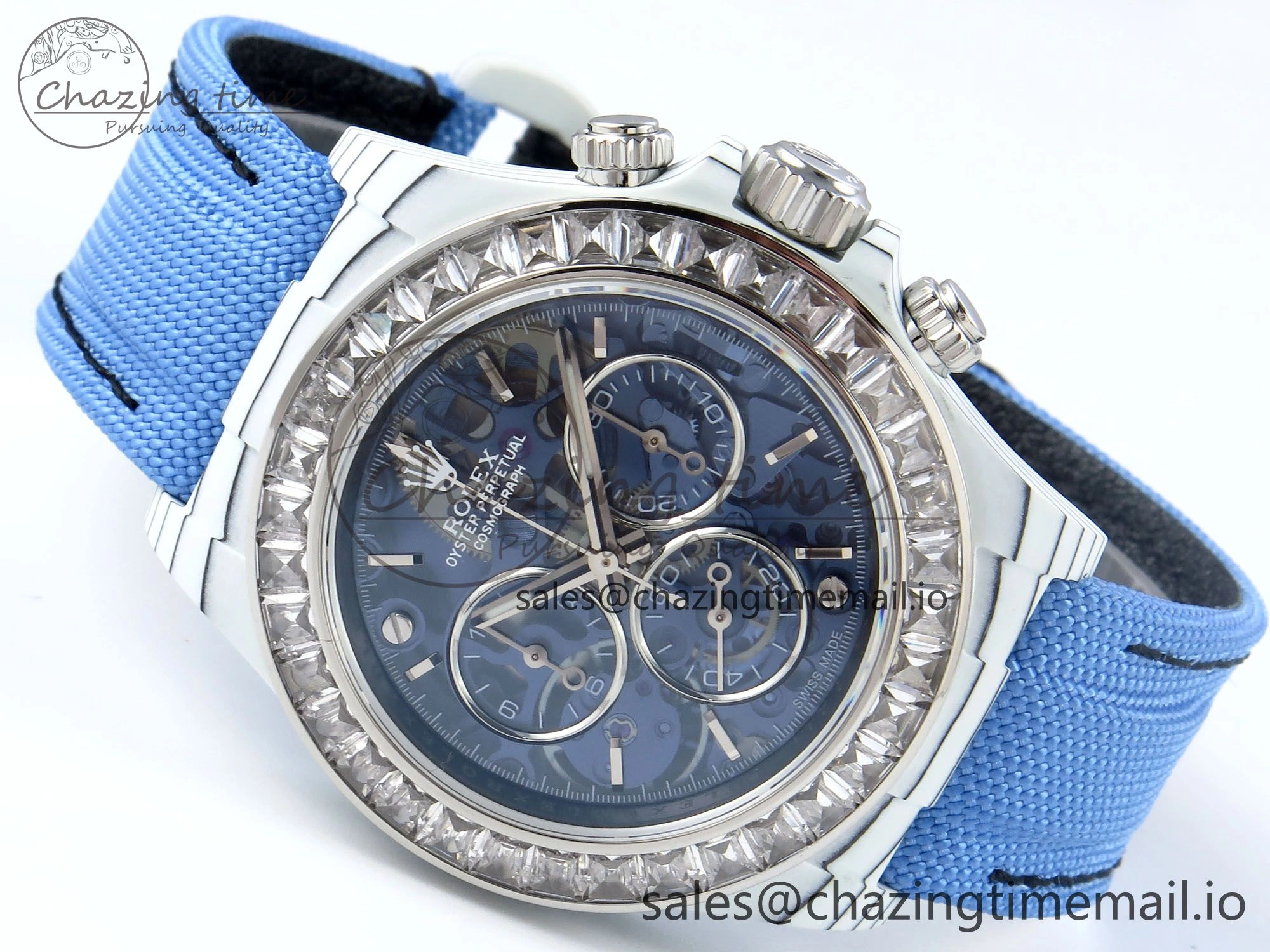 Daytona ZIF REMOULD White Carbon GETF Best Edition Blue Skeleton Dial Diamonds Bezel on Blue Nylon Strap DD4802