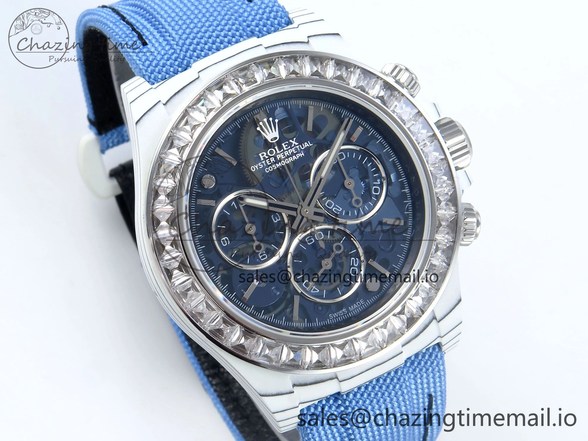 Daytona ZIF REMOULD White Carbon GETF Best Edition Blue Skeleton Dial Diamonds Bezel on Blue Nylon Strap DD4802