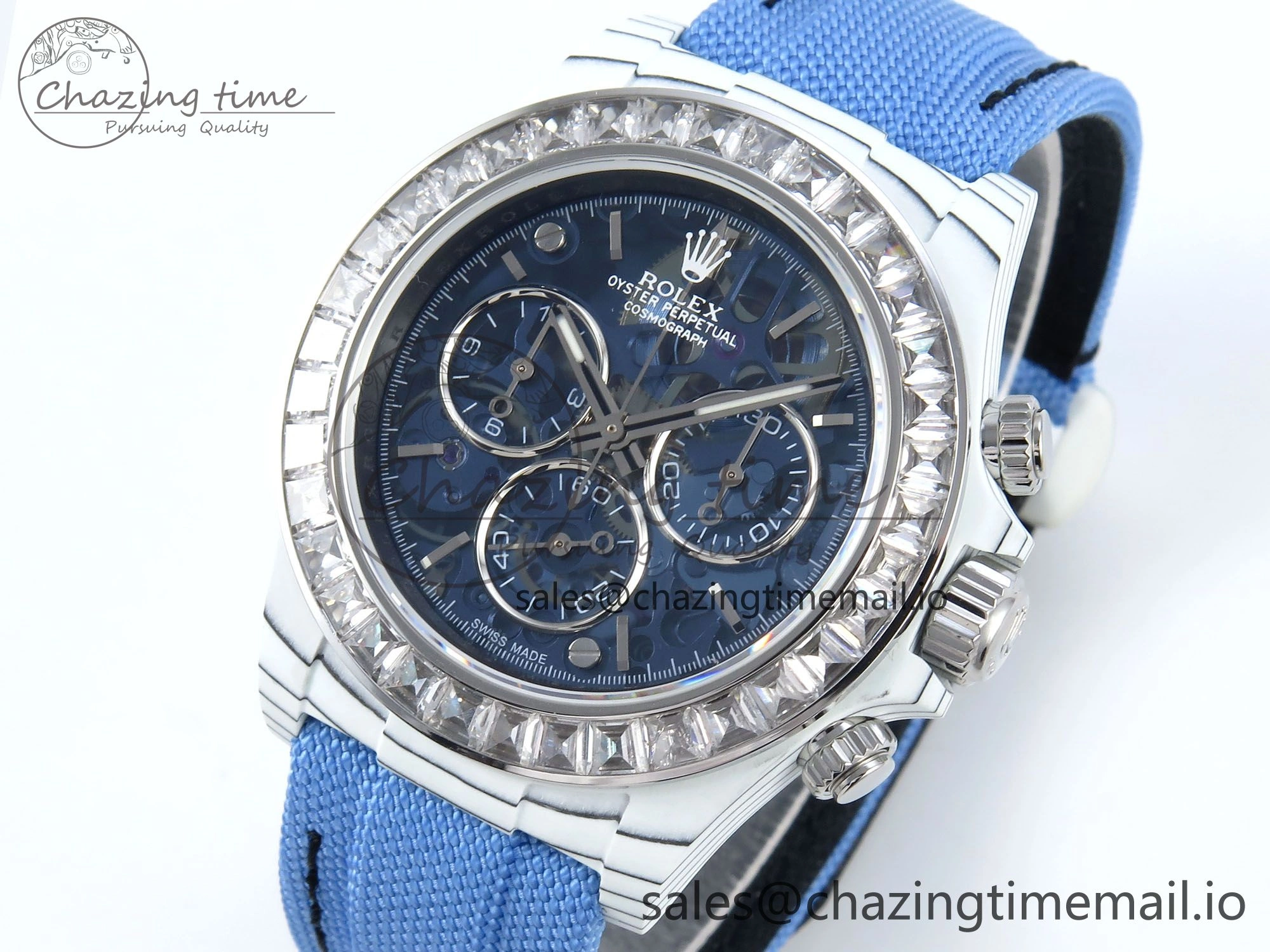 Daytona ZIF REMOULD White Carbon GETF Best Edition Blue Skeleton Dial Diamonds Bezel on Blue Nylon Strap DD4802
