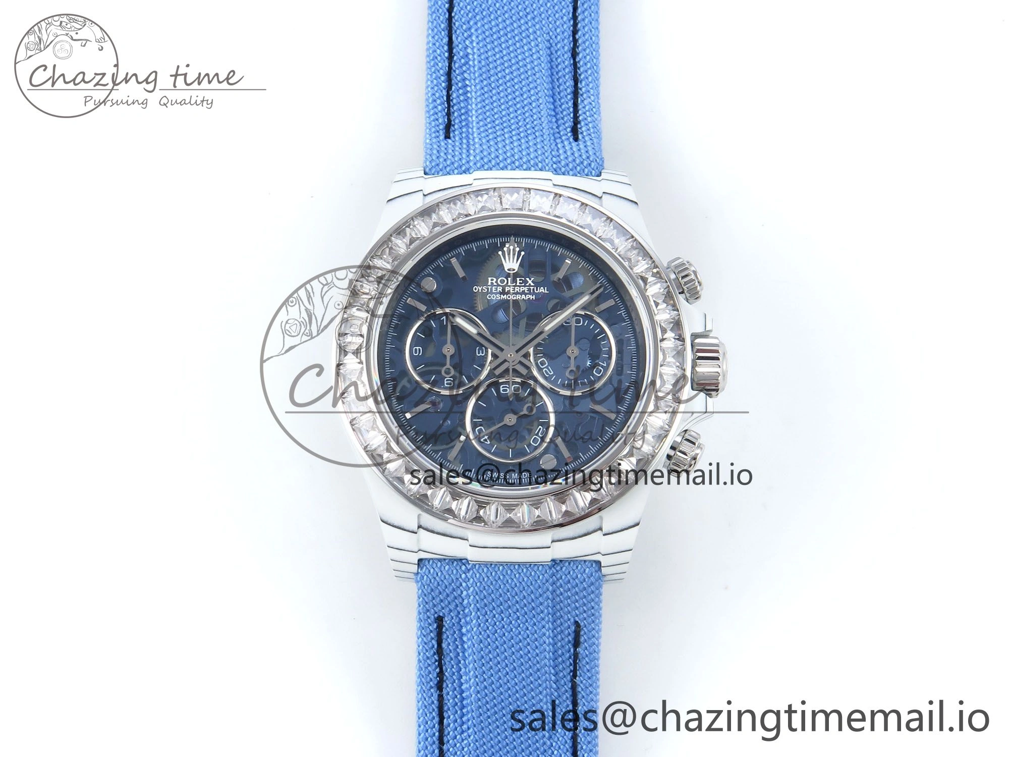 Daytona ZIF REMOULD White Carbon GETF Best Edition Blue Skeleton Dial Diamonds Bezel on Blue Nylon Strap DD4802
