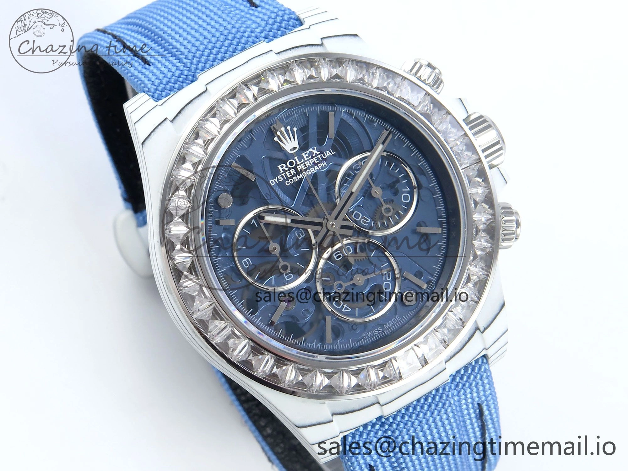 Daytona ZIF REMOULD White Carbon SONIC Best Edition Blue Skeleton Dial Diamonds Bezel on Blue Nylon Strap SA4130