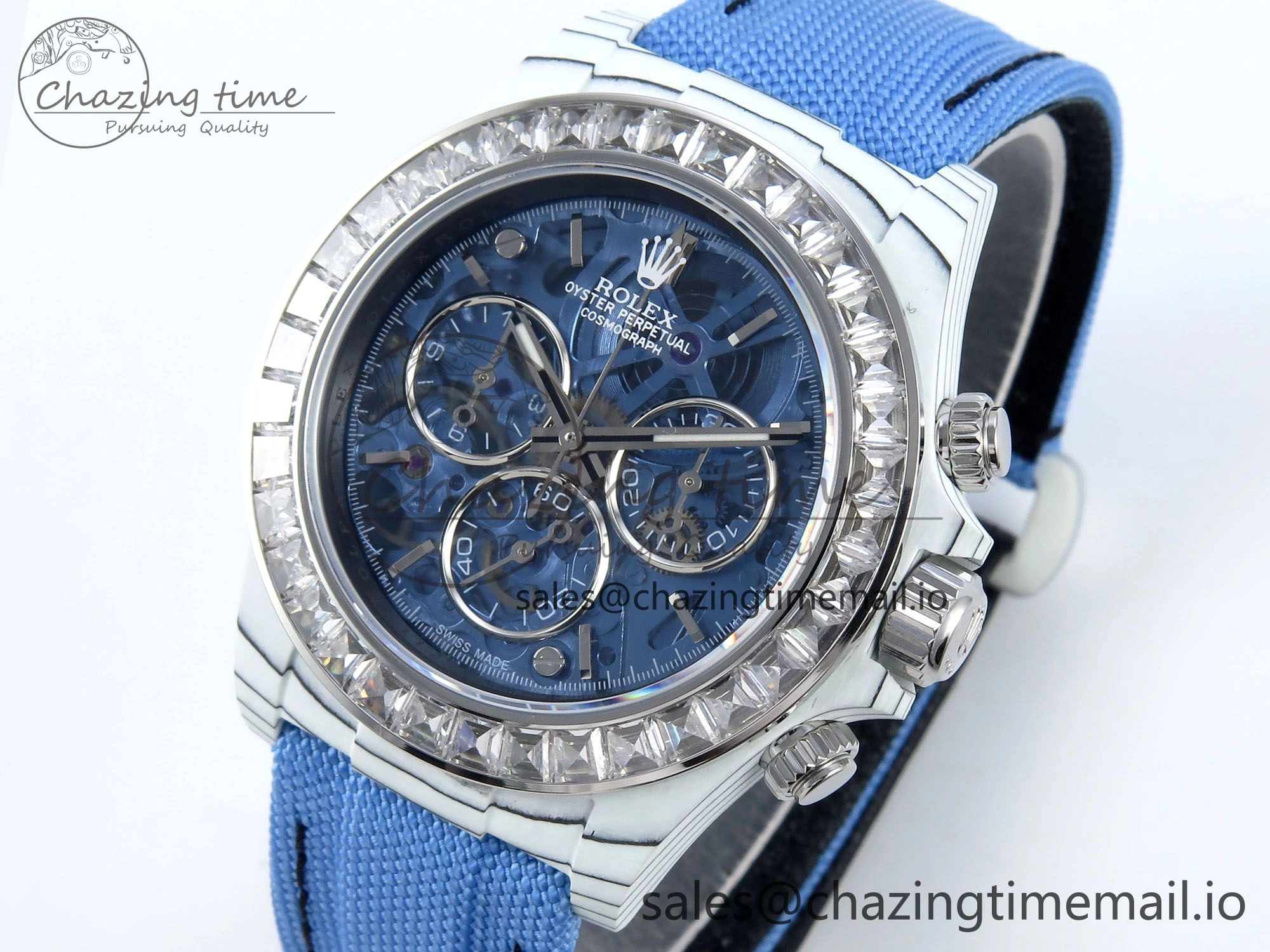 Daytona ZIF REMOULD White Carbon SONIC Best Edition Blue Skeleton Dial Diamonds Bezel on Blue Nylon Strap SA4130