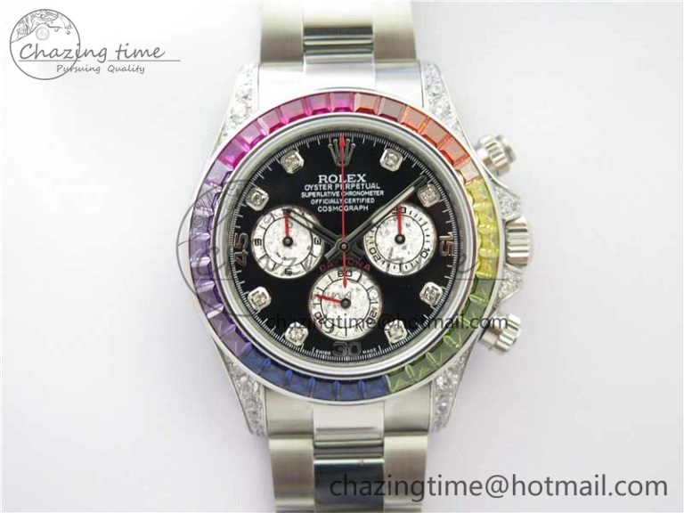 Daytona116599RBOW SS  Rainbow Crystal BLF Best Edition Black Dial on SS Bracelet A4130