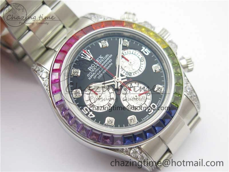 Daytona116599RBOW SS  Rainbow Crystal BLF Best Edition Black Dial on SS Bracelet A4130