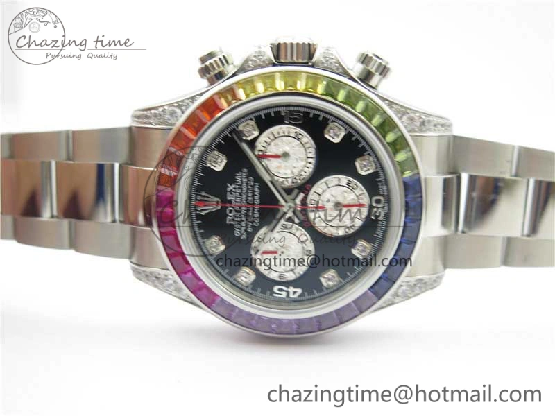 Daytona116599RBOW SS  Rainbow Crystal BLF Best Edition Black Dial on SS Bracelet A4130