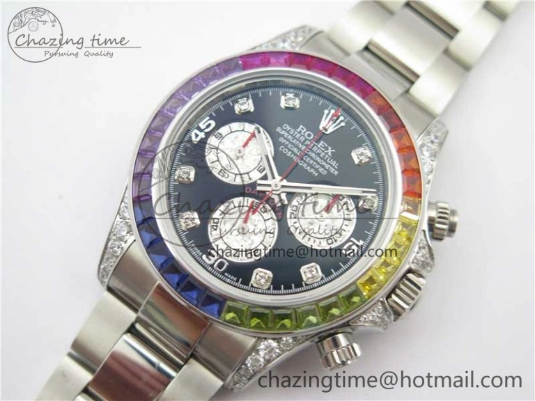 Daytona116599RBOW SS  Rainbow Crystal BLF Best Edition Black Dial on SS Bracelet A4130