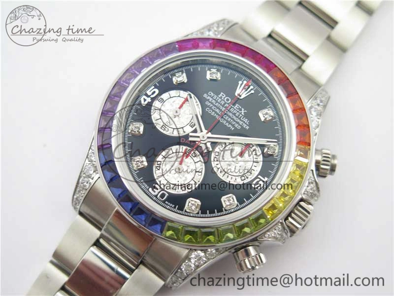 Daytona116599RBOW SS  Rainbow Crystal BLF Best Edition Black Dial on SS Bracelet A4130