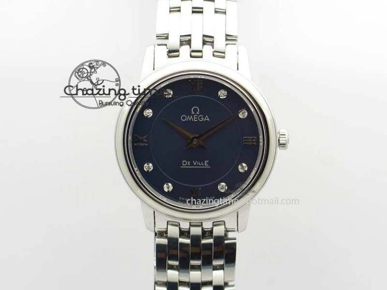 De Ville 27mm Ladies MK 1:1 Best Edition Blue Dial Diamond Markers On SS Bracelet Ronda Quartz