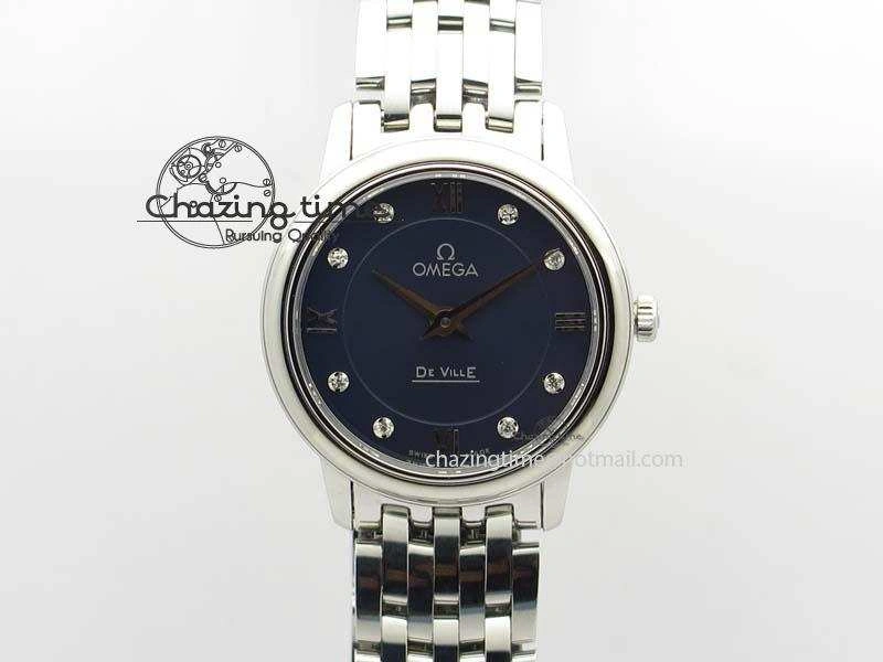 De Ville 27mm Ladies MK 1:1 Best Edition Blue Dial Diamond Markers On SS Bracelet Ronda Quartz