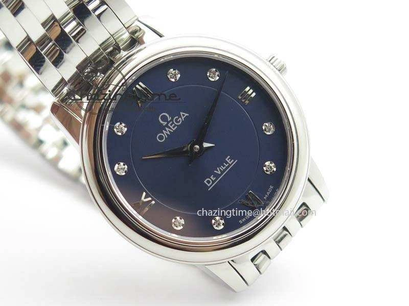 De Ville 27mm Ladies MK 1:1 Best Edition Blue Dial Diamond Markers On SS Bracelet Ronda Quartz