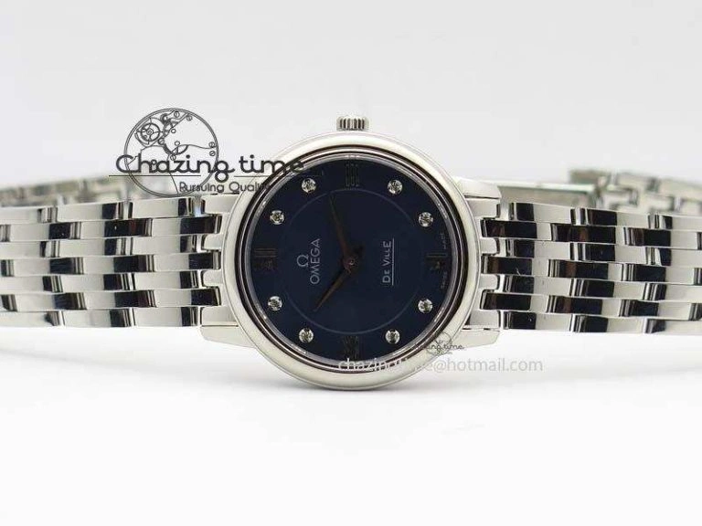 De Ville 27mm Ladies MK 1:1 Best Edition Blue Dial Diamond Markers On SS Bracelet Ronda Quartz