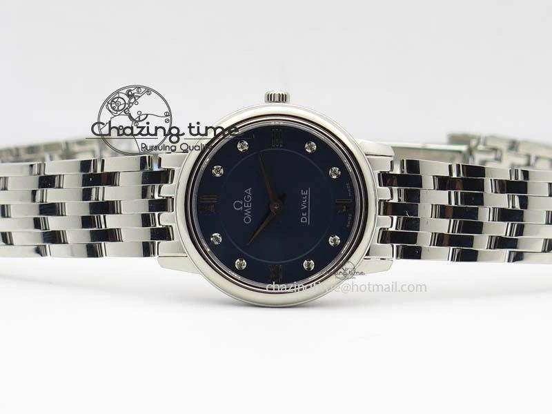 De Ville 27mm Ladies MK 1:1 Best Edition Blue Dial Diamond Markers On SS Bracelet Ronda Quartz