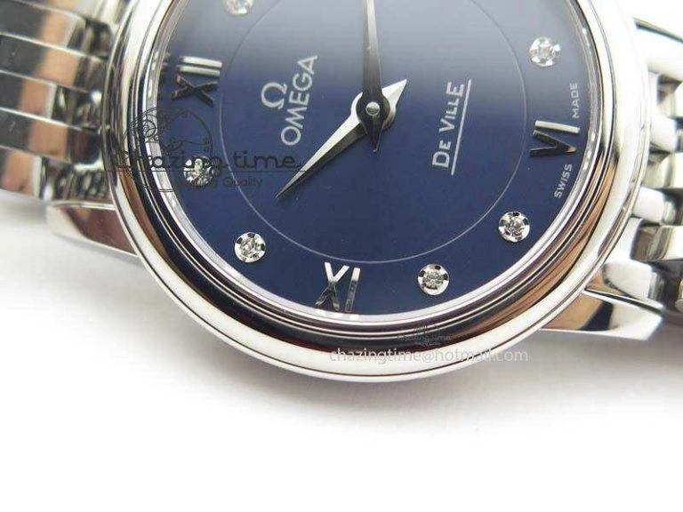 De Ville 27mm Ladies MK 1:1 Best Edition Blue Dial Diamond Markers On SS Bracelet Ronda Quartz