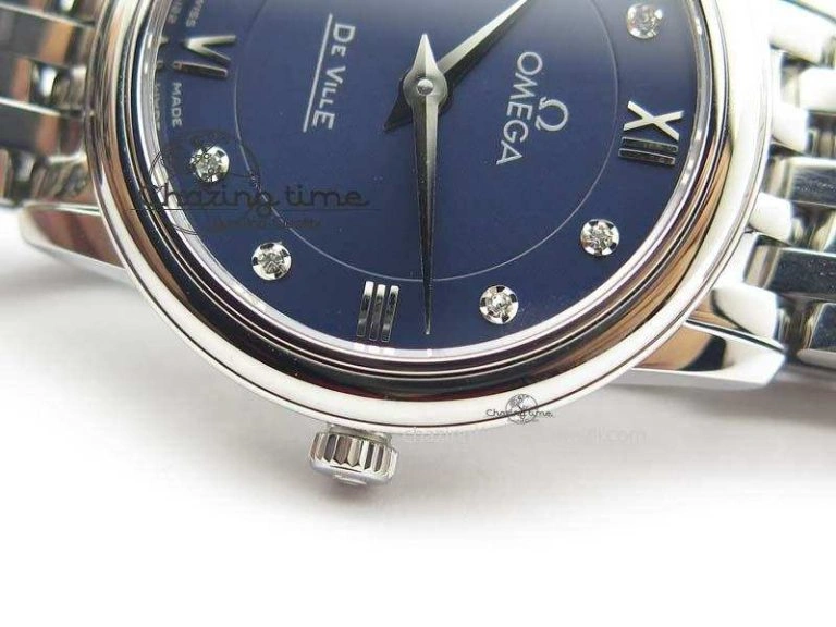 De Ville 27mm Ladies MK 1:1 Best Edition Blue Dial Diamond Markers On SS Bracelet Ronda Quartz