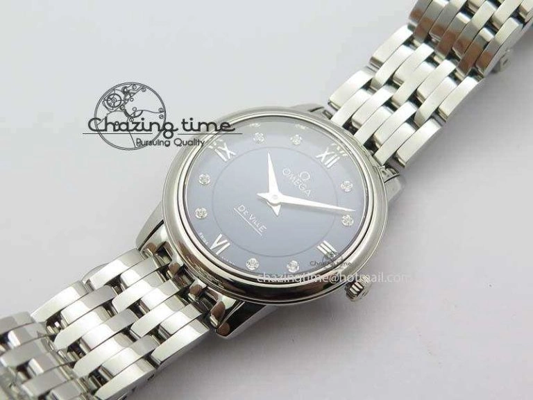 De Ville 27mm Ladies MK 1:1 Best Edition Blue Dial Diamond Markers On SS Bracelet Ronda Quartz