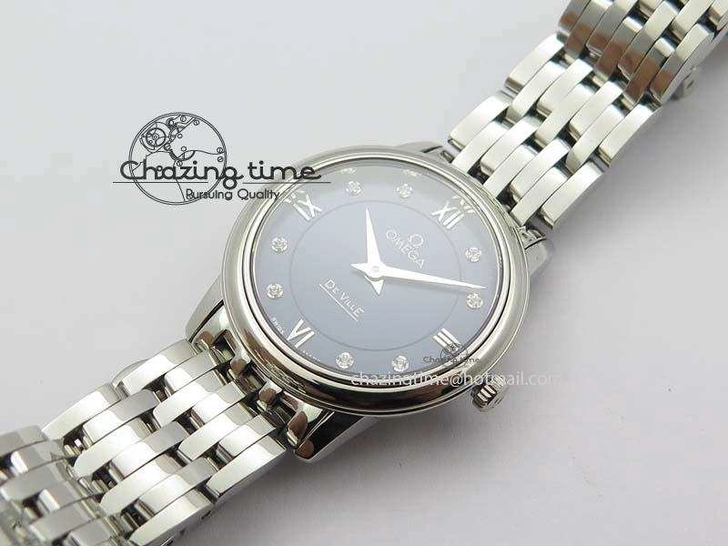 De Ville 27mm Ladies MK 1:1 Best Edition Blue Dial Diamond Markers On SS Bracelet Ronda Quartz