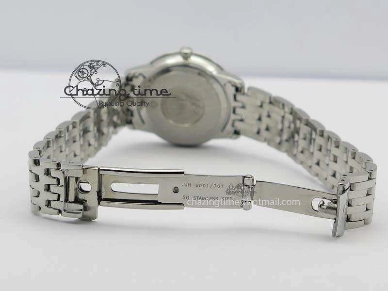De Ville 27mm Ladies MK 1:1 Best Edition Blue Dial Diamond Markers On SS Bracelet Ronda Quartz