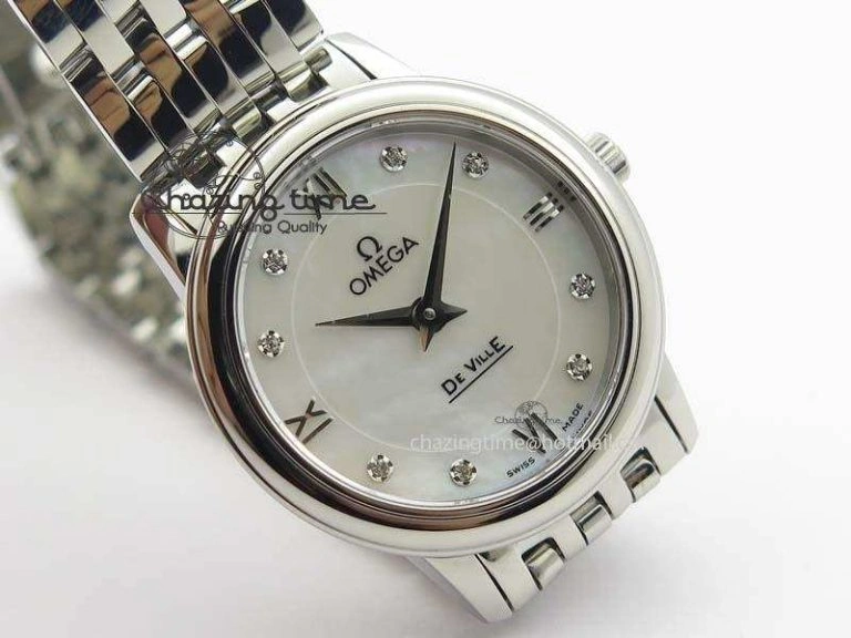 De Ville 27mm Ladies MK 1:1 Best Edition White MOP Diamond Markers On SS Bracelet Ronda Quartz