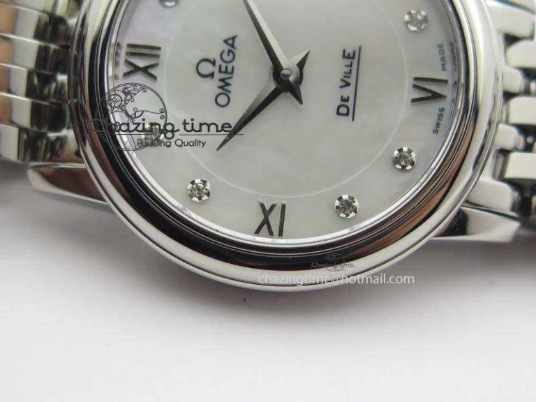 De Ville 27mm Ladies MK 1:1 Best Edition White MOP Diamond Markers On SS Bracelet Ronda Quartz