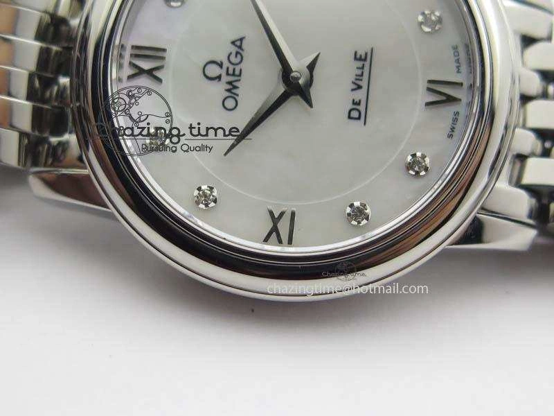 De Ville 27mm Ladies MK 1:1 Best Edition White MOP Diamond Markers On SS Bracelet Ronda Quartz