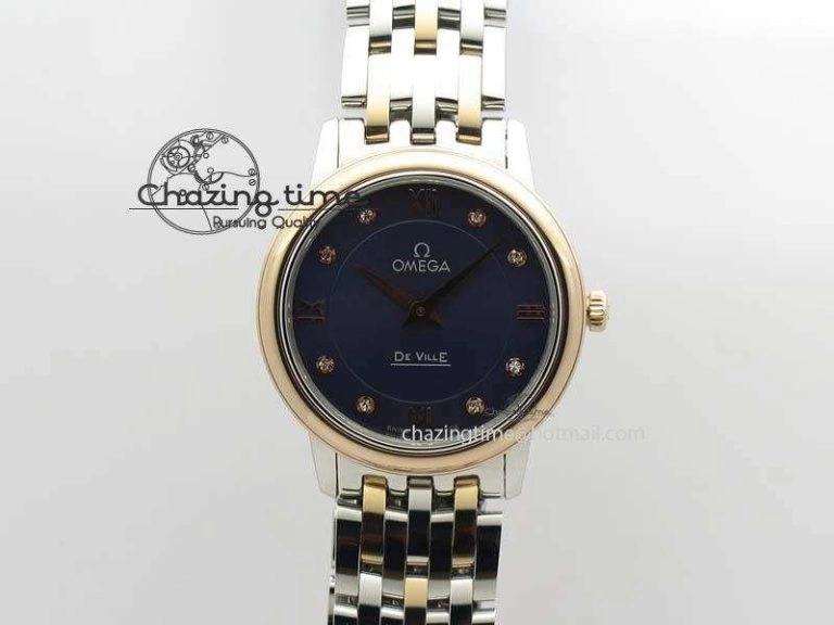 De Ville 27mm SS RG Ladies MK 1:1 Best Edition Blue Dial Diamond Markers On SS Bracelet Ronda Quartz