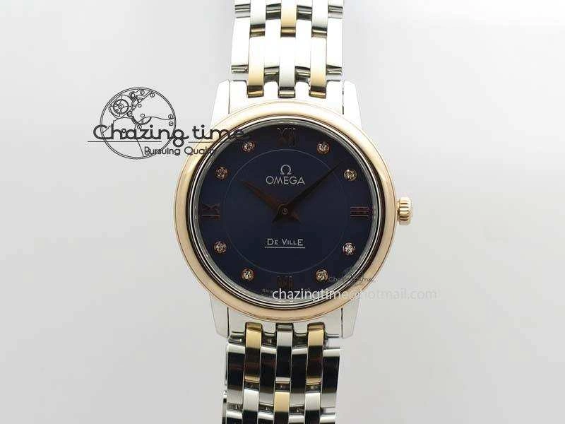 De Ville 27mm SS RG Ladies MK 1:1 Best Edition Blue Dial Diamond Markers On SS Bracelet Ronda Quartz