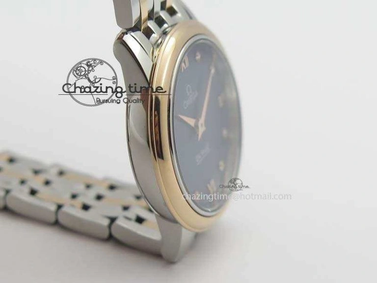De Ville 27mm SS RG Ladies MK 1:1 Best Edition Blue Dial Diamond Markers On SS Bracelet Ronda Quartz