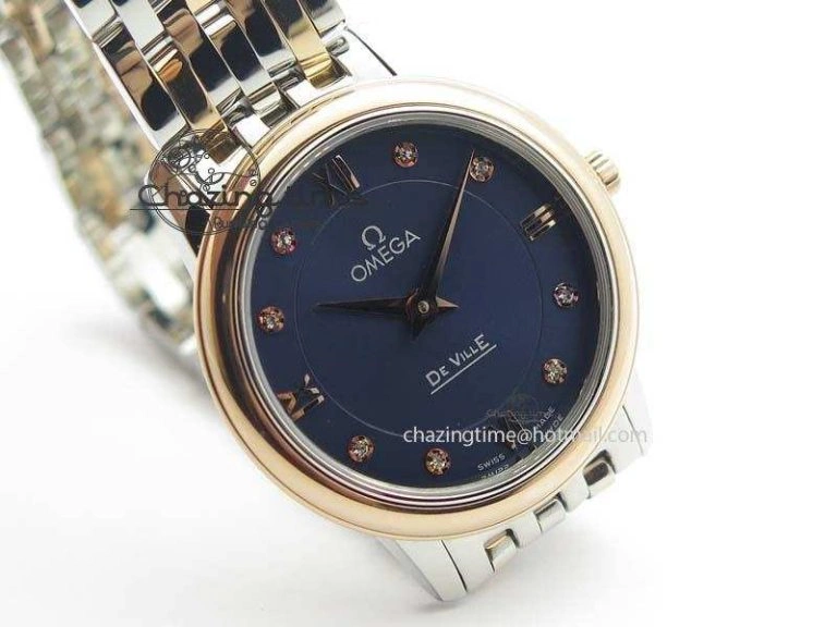 De Ville 27mm SS RG Ladies MK 1:1 Best Edition Blue Dial Diamond Markers On SS Bracelet Ronda Quartz