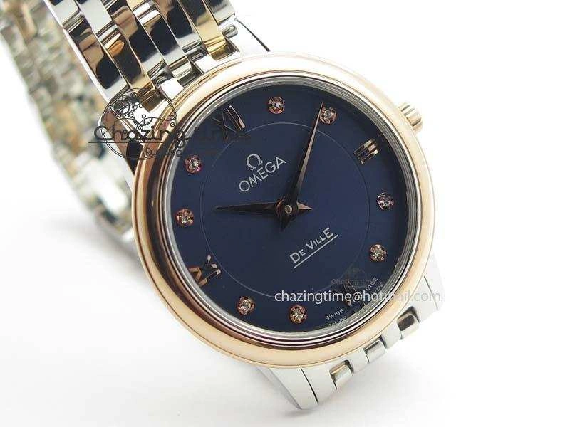 De Ville 27mm SS RG Ladies MK 1:1 Best Edition Blue Dial Diamond Markers On SS Bracelet Ronda Quartz