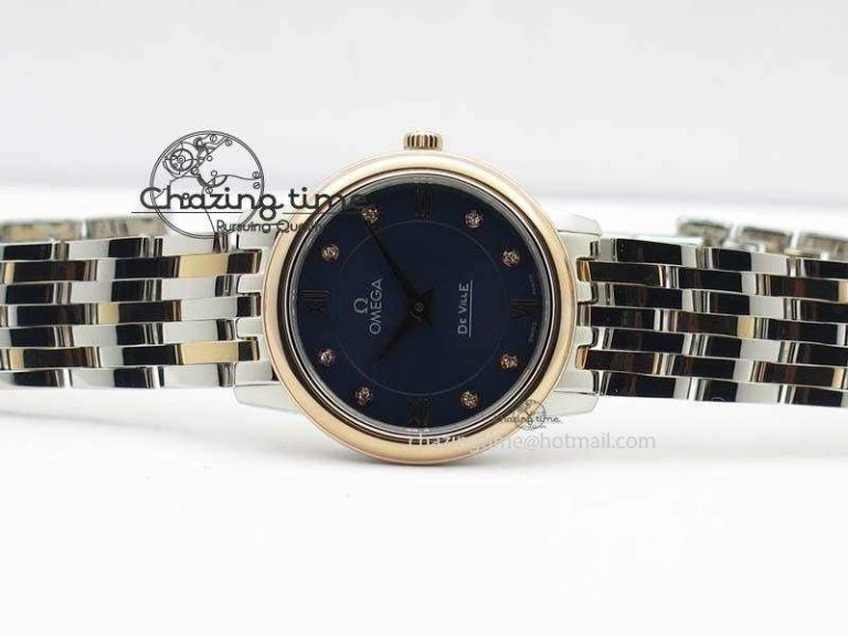 De Ville 27mm SS RG Ladies MK 1:1 Best Edition Blue Dial Diamond Markers On SS Bracelet Ronda Quartz