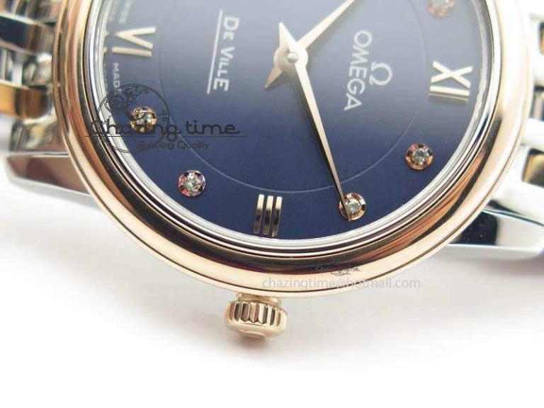 De Ville 27mm SS RG Ladies MK 1:1 Best Edition Blue Dial Diamond Markers On SS Bracelet Ronda Quartz