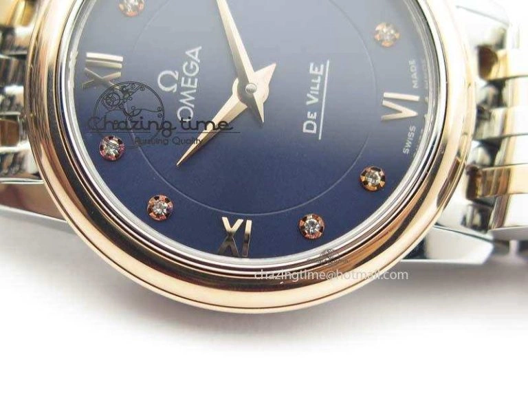 De Ville 27mm SS RG Ladies MK 1:1 Best Edition Blue Dial Diamond Markers On SS Bracelet Ronda Quartz