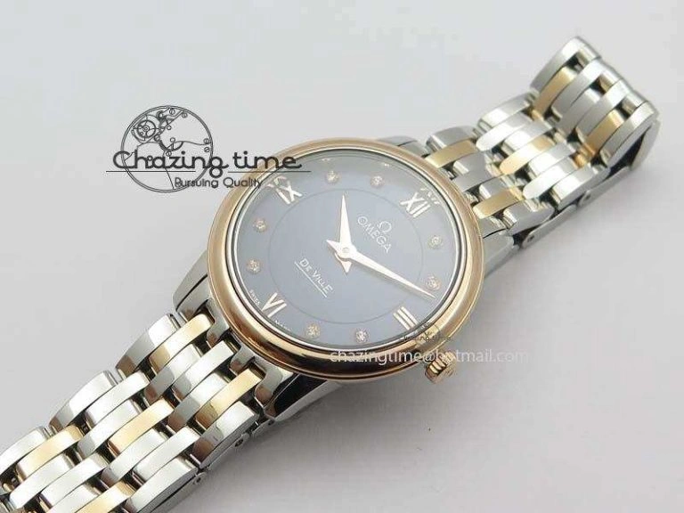 De Ville 27mm SS RG Ladies MK 1:1 Best Edition Blue Dial Diamond Markers On SS Bracelet Ronda Quartz