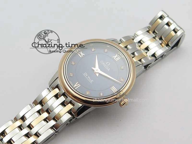 De Ville 27mm SS RG Ladies MK 1:1 Best Edition Blue Dial Diamond Markers On SS Bracelet Ronda Quartz