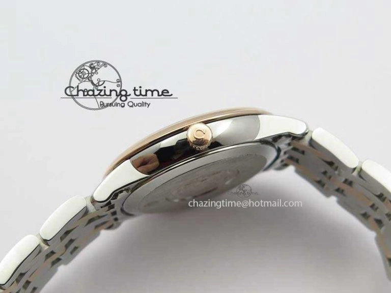 De Ville 27mm SS RG Ladies MK 1:1 Best Edition White MOP Dial Diamond Markers On SS Bracelet Ronda Quartz