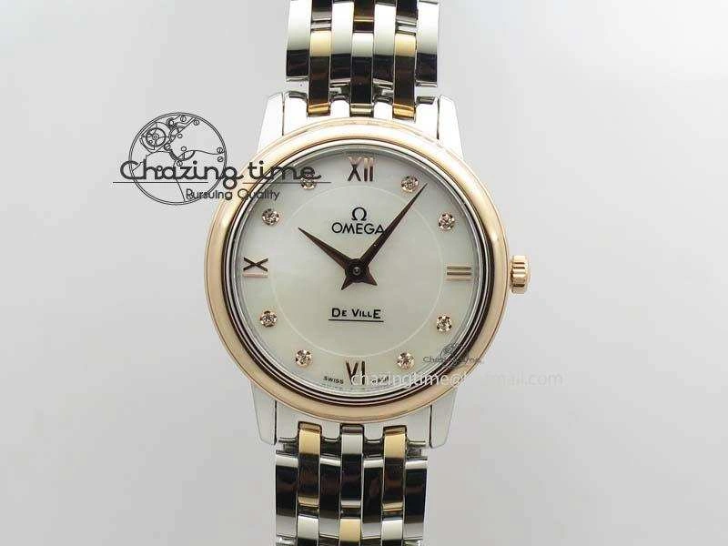 De Ville 27mm SS RG Ladies MK 1:1 Best Edition White MOP Dial Diamond Markers On SS Bracelet Ronda Quartz