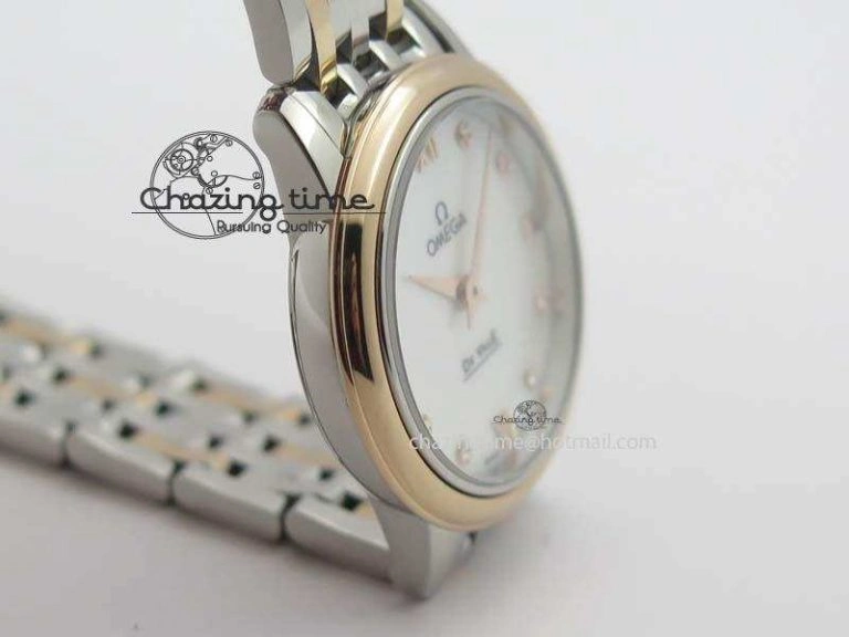 De Ville 27mm SS RG Ladies MK 1:1 Best Edition White MOP Dial Diamond Markers On SS Bracelet Ronda Quartz