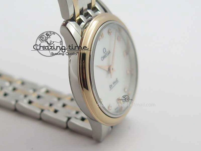 De Ville 27mm SS RG Ladies MK 1:1 Best Edition White MOP Dial Diamond Markers On SS Bracelet Ronda Quartz